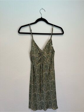 Zara Olive Green Paisley Ruched V-Neck Mini Dress